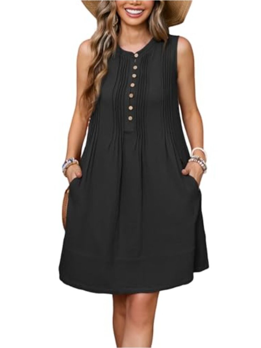 Women's Sleeveless Cotton Casual Mini Dress Button Up Ruched Loose Tunic with